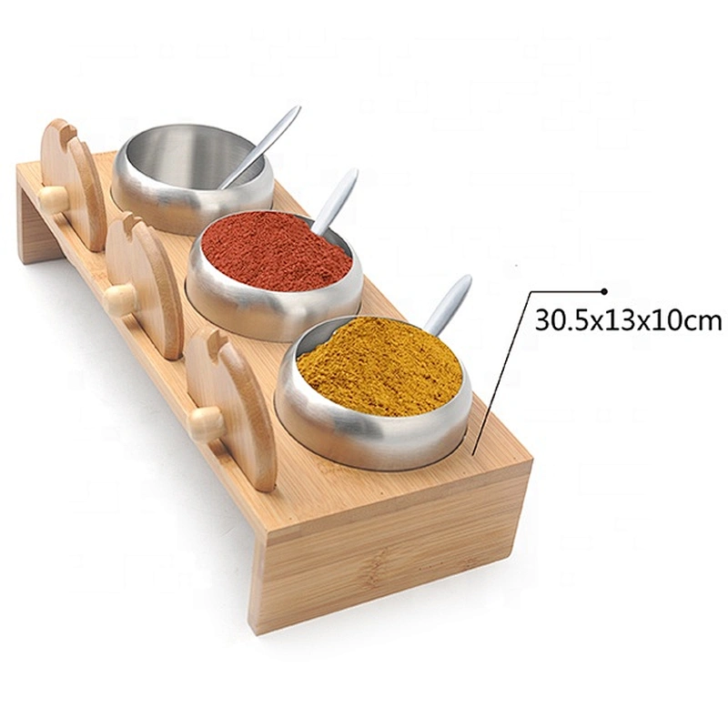 Hot selling bamboo spice rack with stainless steel jars for kitchen