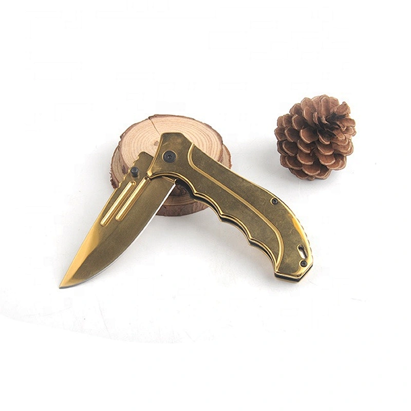 Gold Titanium Plated Anti Rusting Survival Pocket Hunting Knife with Belt Clip