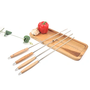 BBQ large wooden handle BBQ stick stainless steel BBQ flat skewers mutton skewers 47cm lamb leg fork