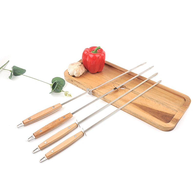 BBQ large wooden handle BBQ stick stainless steel BBQ flat skewers mutton skewers 47cm lamb leg fork