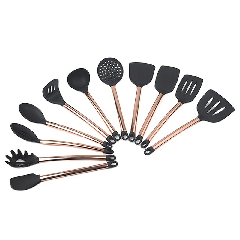New design  food grade silicoe home kitchen tools utensils of 11 pcs cookware sets with copper plating handle