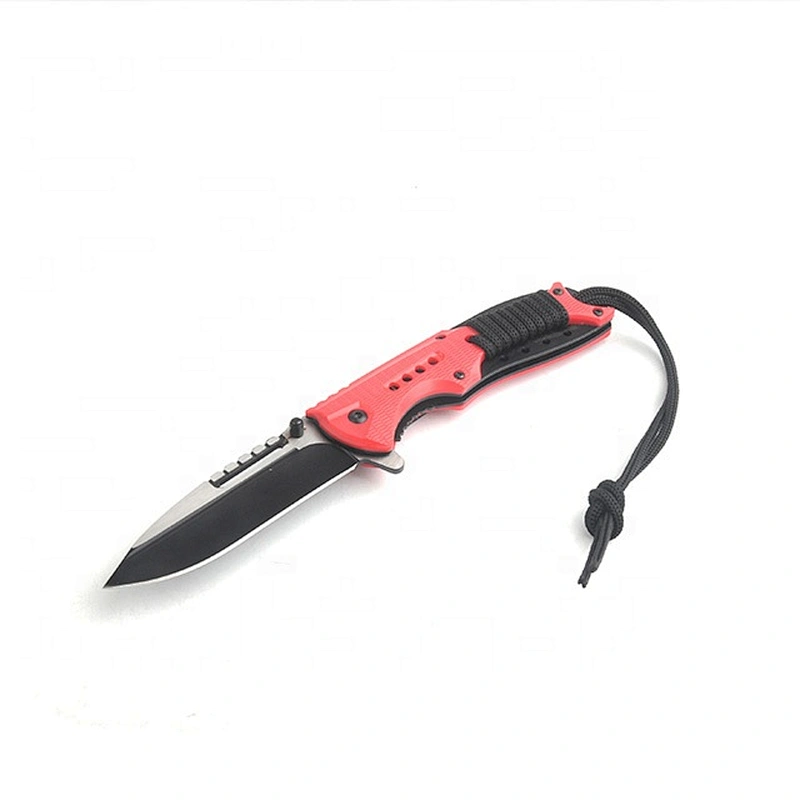 Red and Black Color Stainless Steel Folding Pocket Outdoor Hunting Knife with rope