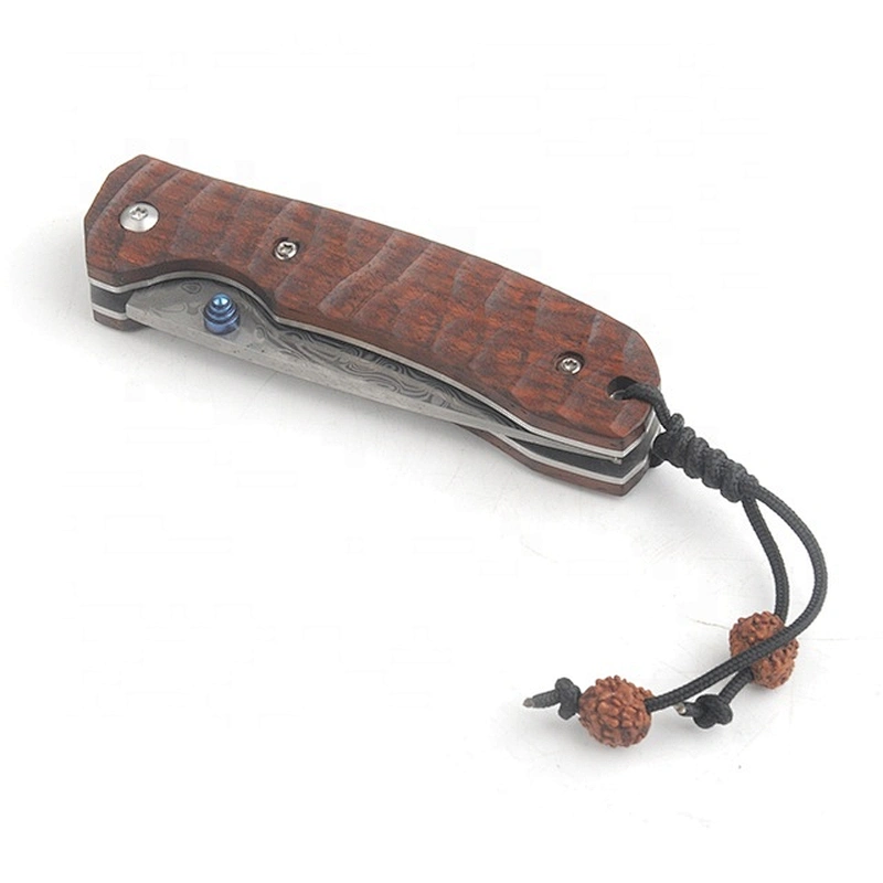 Red Sandalwood Handle Damascus Steel Hunting Folding Blade Knife