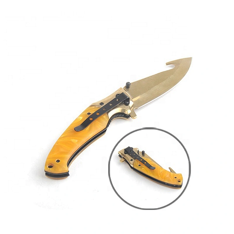 Gold Titanium Plated Anti Rusting Survival Pocket Hunting Knife with Hook Cutter