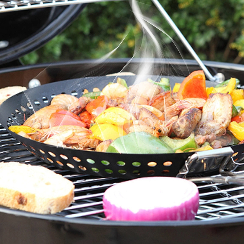 Non-Stick Grill Round Basket Barbecue Pan BBQ Wok Tray for Grill Vegetable Fish Meat Kabob