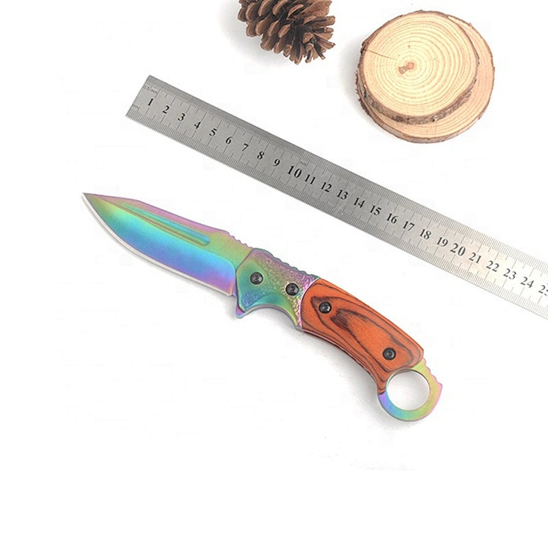 Titanium Plating Stainless Steel Blade Pakka Wood Handle Survival Knife
