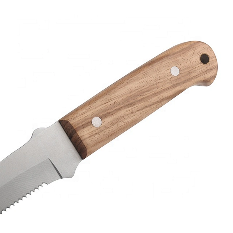 Serrated Blade Stainless Steel Survival Hunting Outdoor Knife with Wooden Handle