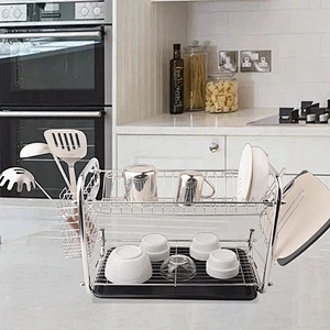 Black Color Double Layers Home Kitchen Iron Plated Dish Drying Rack Metal Drainer Drying Dish Rack with Tray