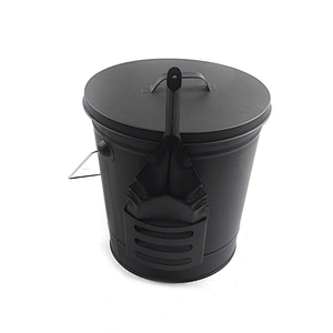Large capacity black ash bucket with shovel and brush for fireplace and outdoor
