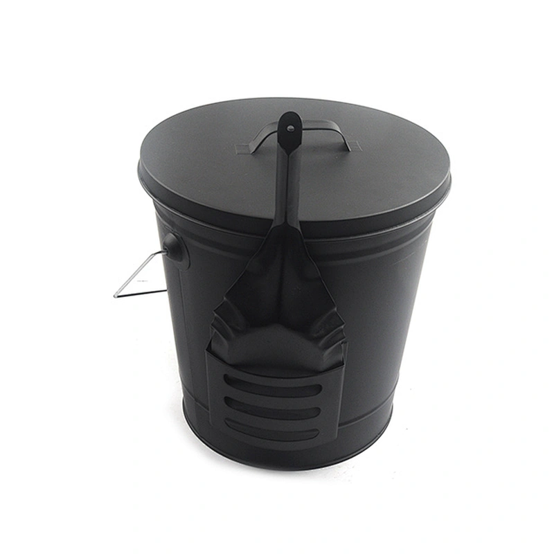Large capacity black ash bucket with shovel and brush for fireplace and outdoor