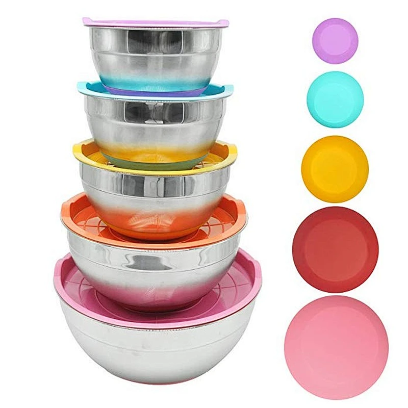 Reusable large restaurant stainless steel salad bowl set with plastic lid