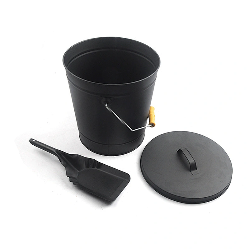 Large capacity black ash bucket with shovel and brush for fireplace and outdoor