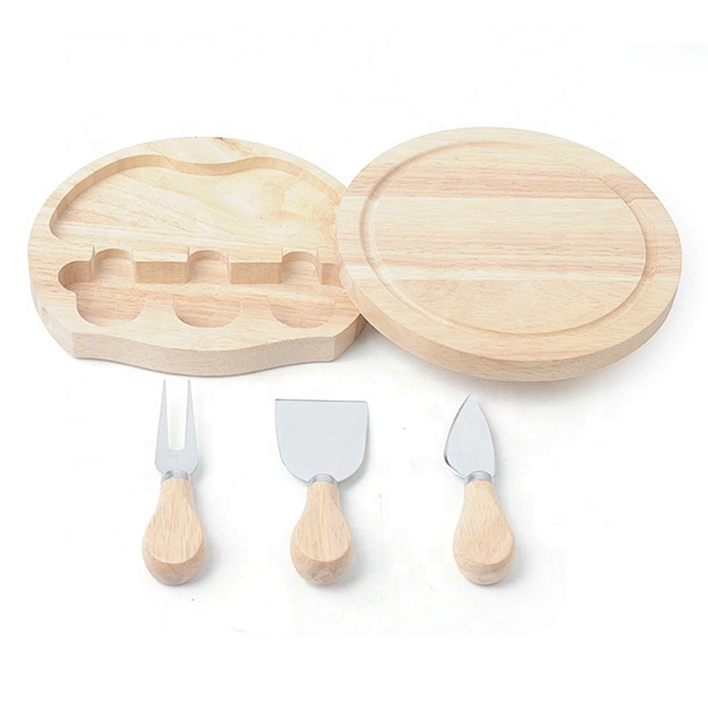 Round Shape Rubber Wood Cheese Board 100% Natural With 3 Piece Cutlery Cheese Knife Set Cheese Platter Hidden Drawer