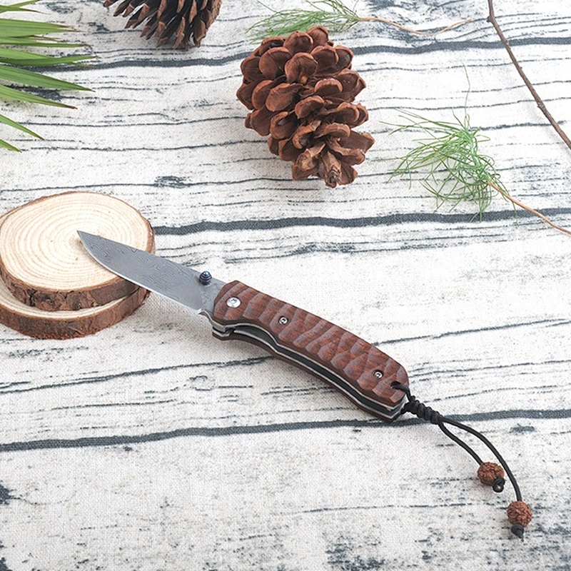 Red Sandalwood Handle Damascus Steel Hunting Folding Blade Knife