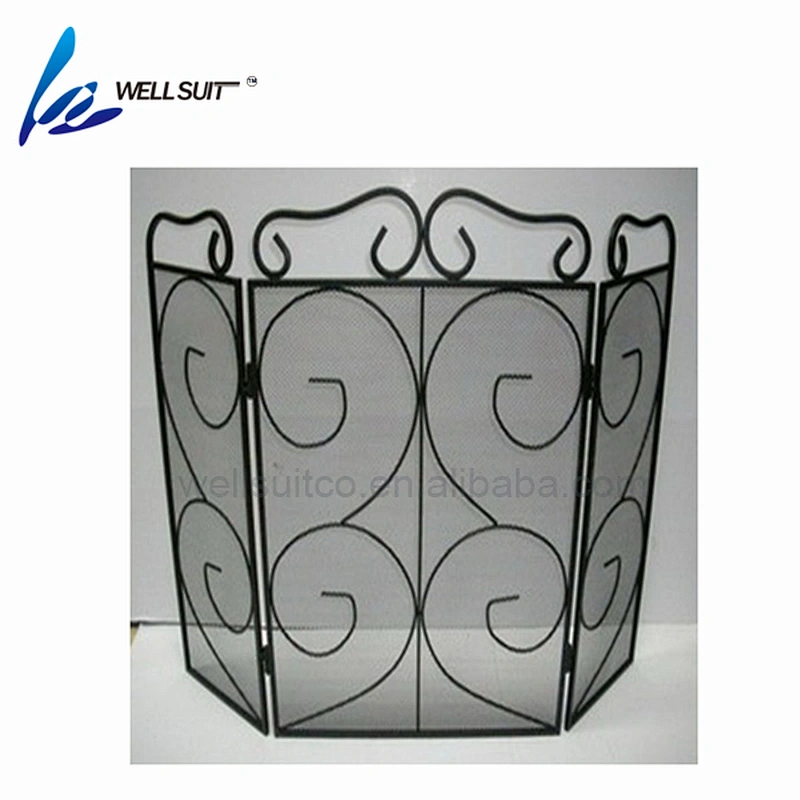 Fireplace screen 3 Panel Ornate Wrought Iron Black Metal Fire Place Standing Gate Decorative Mesh Solid Baby Safe