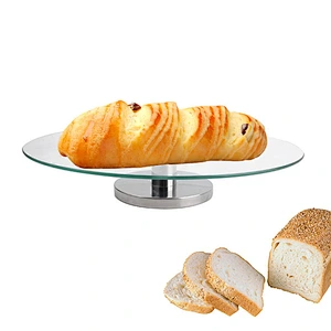 Wholesale Bakeware Wedding food grade  Metal Rotating Base Clear Glass cake stand