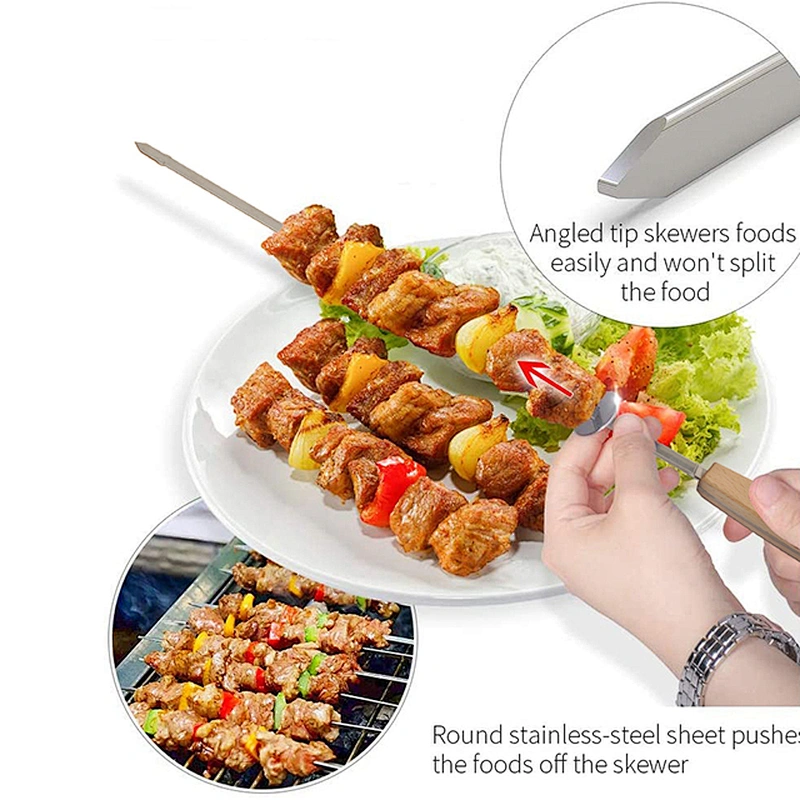 BBQ large wooden handle BBQ stick stainless steel BBQ flat skewers mutton skewers 47cm lamb leg fork