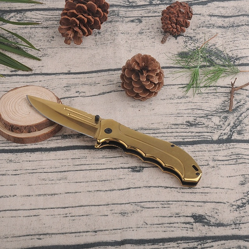 Gold Titanium Plated Anti Rusting Survival Pocket Hunting Knife with Belt Clip