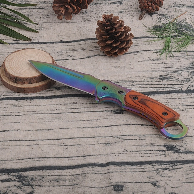 Titanium Plating Stainless Steel Blade Pakka Wood Handle Survival Knife