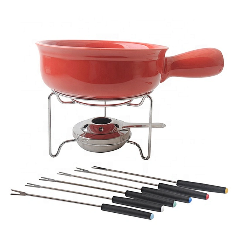 Stocked Round Shape White Color Ceramic Cheese Butter Cream Chocolate fondue set  Heater Tools Cooking Pot for nonstick cookware