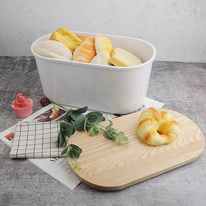 Hot selling good quality plastic bread bin bread box with wooden cover