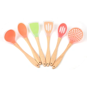 colorful 6 pcs heat resistant wooden handle silicone kitchen cooking utensils set