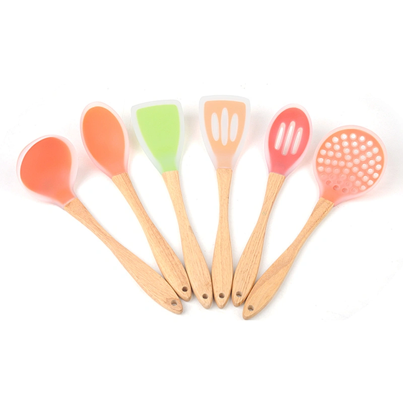 colorful 6 pcs heat resistant wooden handle silicone kitchen cooking utensils set