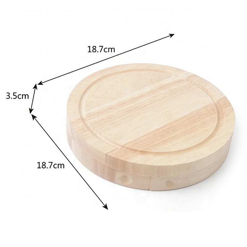 Round Shape Rubber Wood Cheese Board 100% Natural With 3 Piece Cutlery Cheese Knife Set Cheese Platter Hidden Drawer