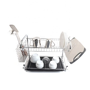 Black Color Double Layers Home Kitchen Iron Plated Dish Drying Rack Metal Drainer Drying Dish Rack with Tray