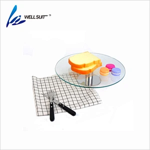 Wholesale Bakeware Wedding food grade  Metal Rotating Base Clear Glass cake stand
