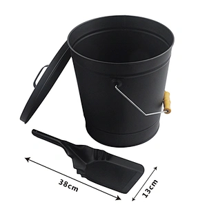 Large capacity black ash bucket with shovel and brush for fireplace and outdoor