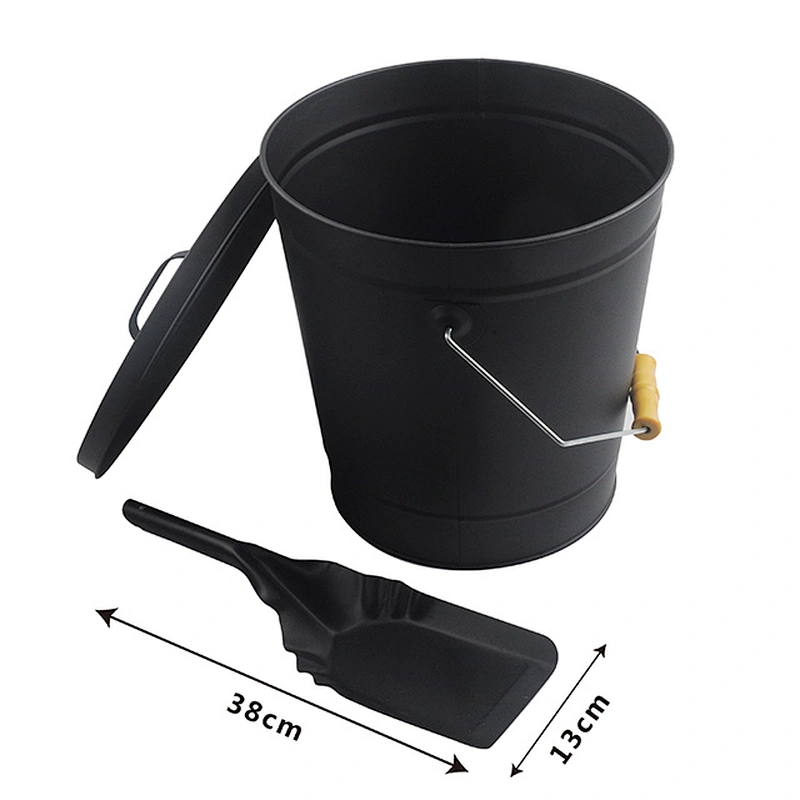 Large capacity black ash bucket with shovel and brush for fireplace and outdoor