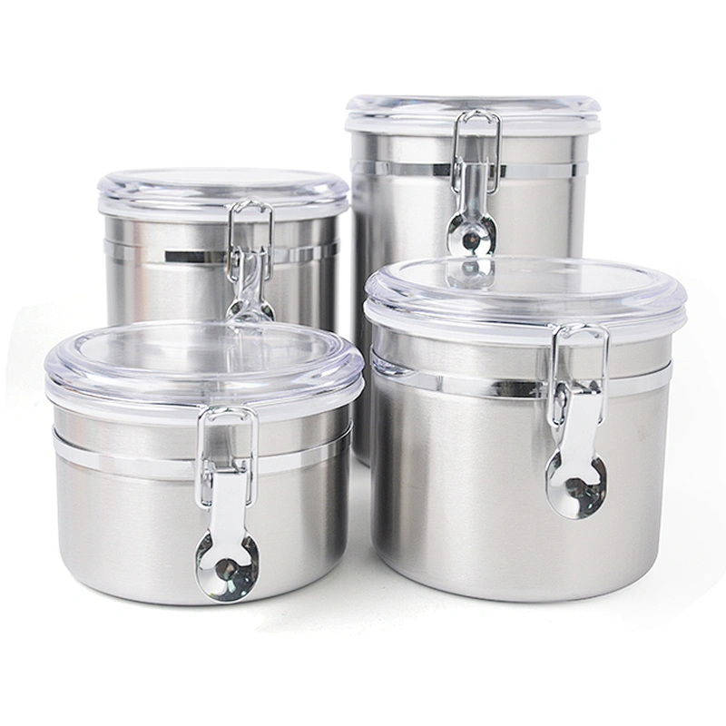 Metal stainless steel kitchen food airtight storage sugar tea coffee canister sets with pp lid