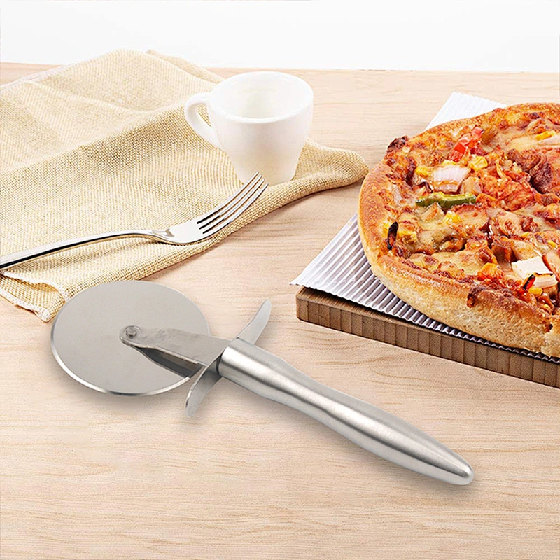 Stainless steel pizza cutter with convenience handle