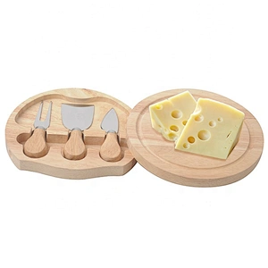 Round Shape Rubber Wood Cheese Board 100% Natural With 3 Piece Cutlery Cheese Knife Set Cheese Platter Hidden Drawer