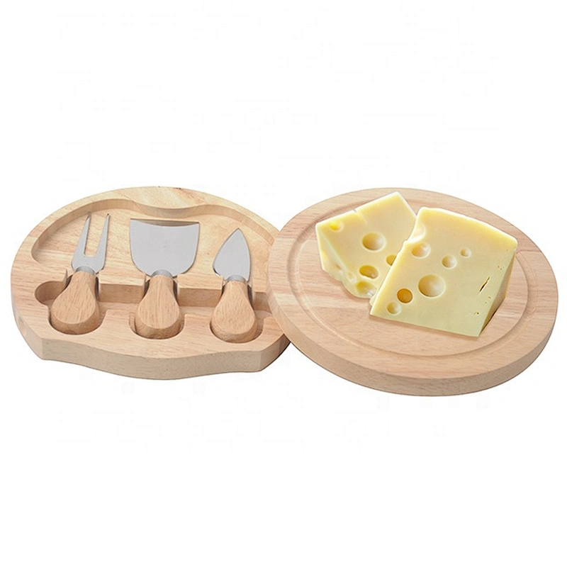 Round Shape Rubber Wood Cheese Board 100% Natural With 3 Piece Cutlery Cheese Knife Set Cheese Platter Hidden Drawer