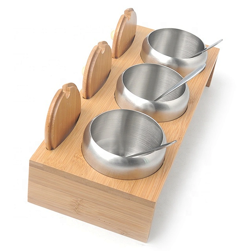 Hot selling bamboo spice rack with stainless steel jars for kitchen