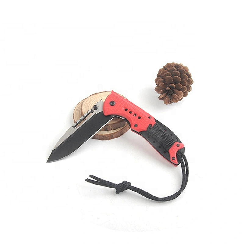 Red and Black Color Stainless Steel Folding Pocket Outdoor Hunting Knife with rope