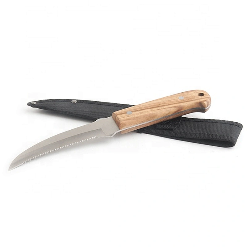 Serrated Blade Stainless Steel Survival Hunting Outdoor Knife with Wooden Handle