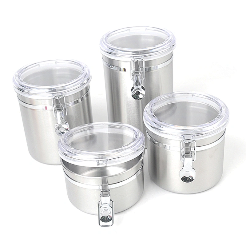 Metal stainless steel kitchen food airtight storage sugar tea coffee canister sets with pp lid