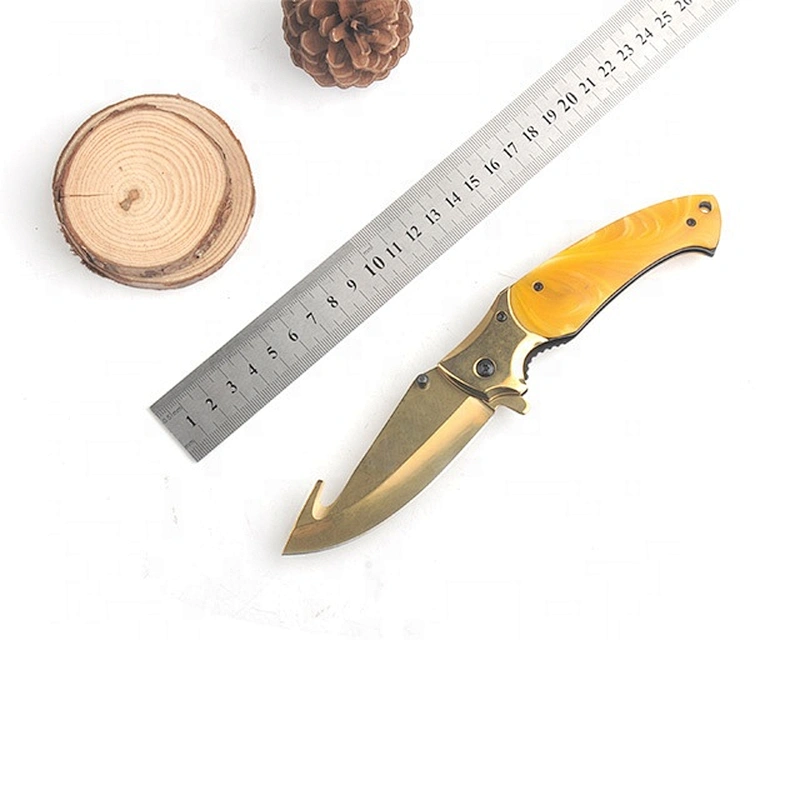 Gold Titanium Plated Anti Rusting Survival Pocket Hunting Knife with Hook Cutter