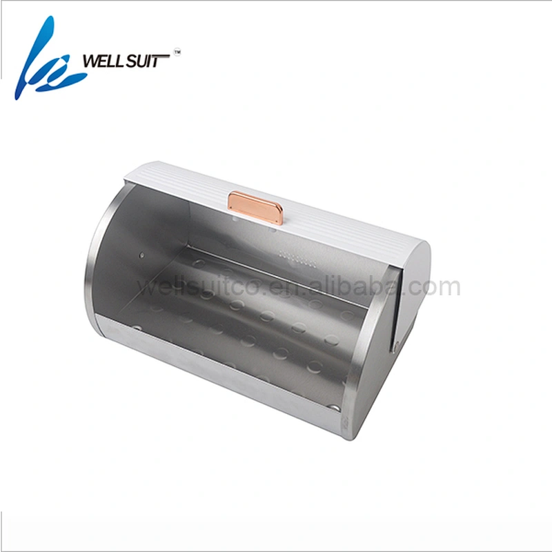 White metal bread box kitchen food storage with cooper coating