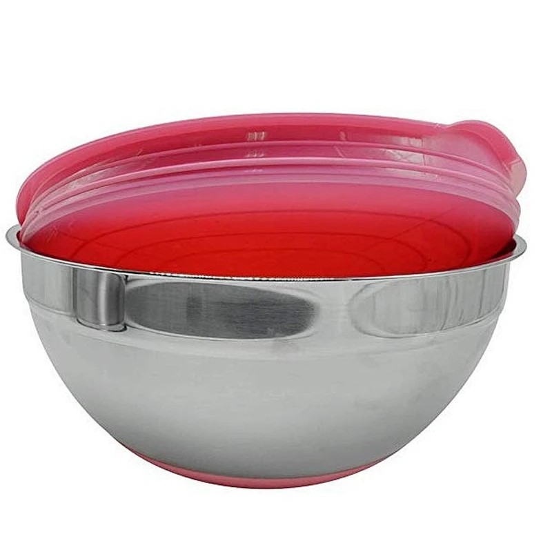 Reusable large restaurant stainless steel salad bowl set with plastic lid