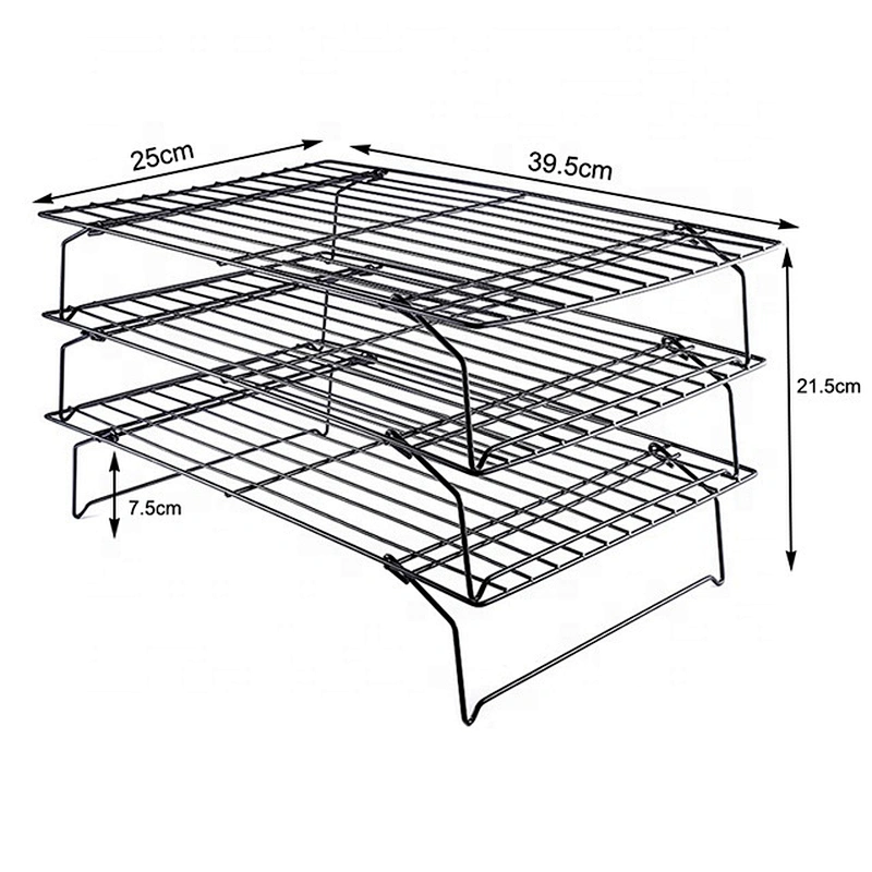 3 Tier Baking Cooling Tool Cake Biscuit Space Saving Cake Stackable Stand Tray Rack with Black Non-Stick Coating