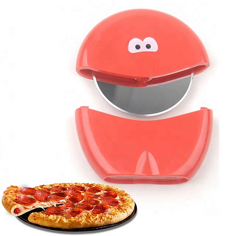 In the shape of a cartoon smiley face pizza cutter pizza slicer cookie cutter with a lid