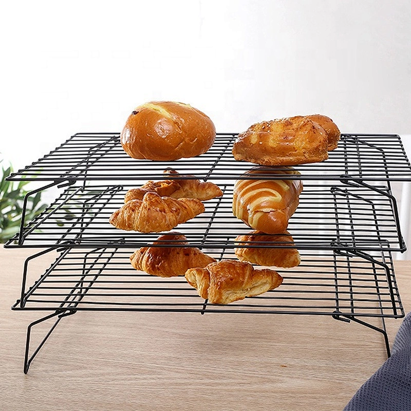 3 Tier Baking Cooling Tool Cake Biscuit Space Saving Cake Stackable Stand Tray Rack with Black Non-Stick Coating