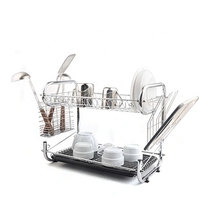 Black Color Double Layers Home Kitchen Iron Plated Dish Drying Rack Metal Drainer Drying Dish Rack with Tray