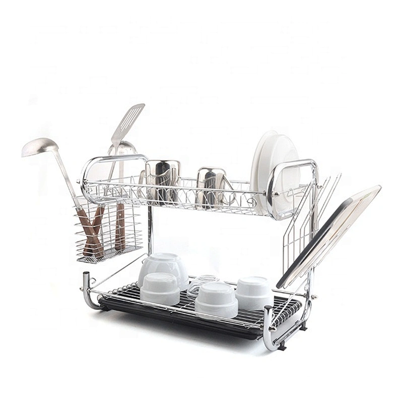 Black Color Double Layers Home Kitchen Iron Plated Dish Drying Rack Metal Drainer Drying Dish Rack with Tray