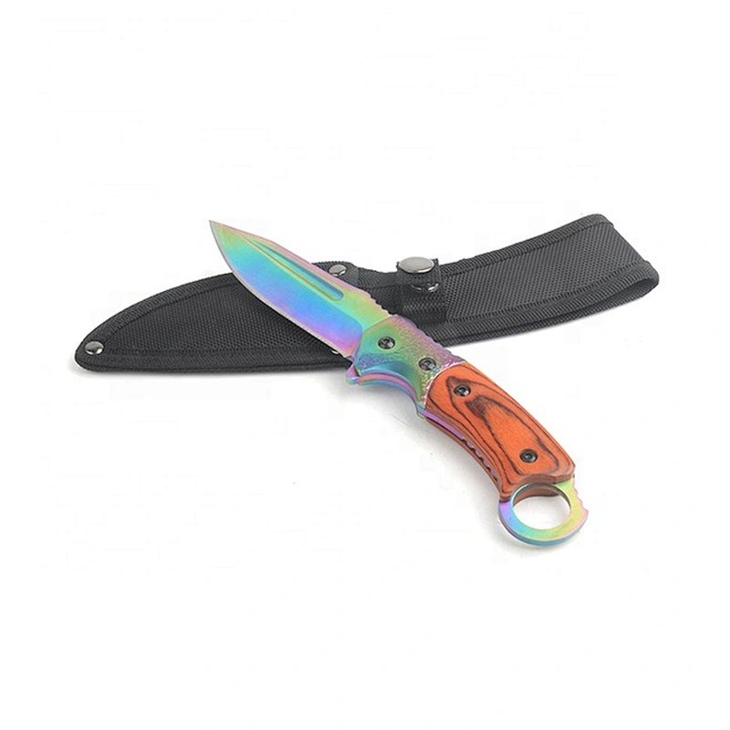 Titanium Plating Stainless Steel Blade Pakka Wood Handle Survival Knife