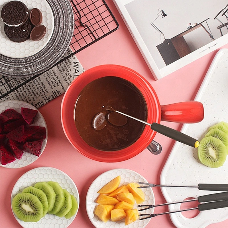 Stocked Round Shape White Color Ceramic Cheese Butter Cream Chocolate fondue set  Heater Tools Cooking Pot for nonstick cookware